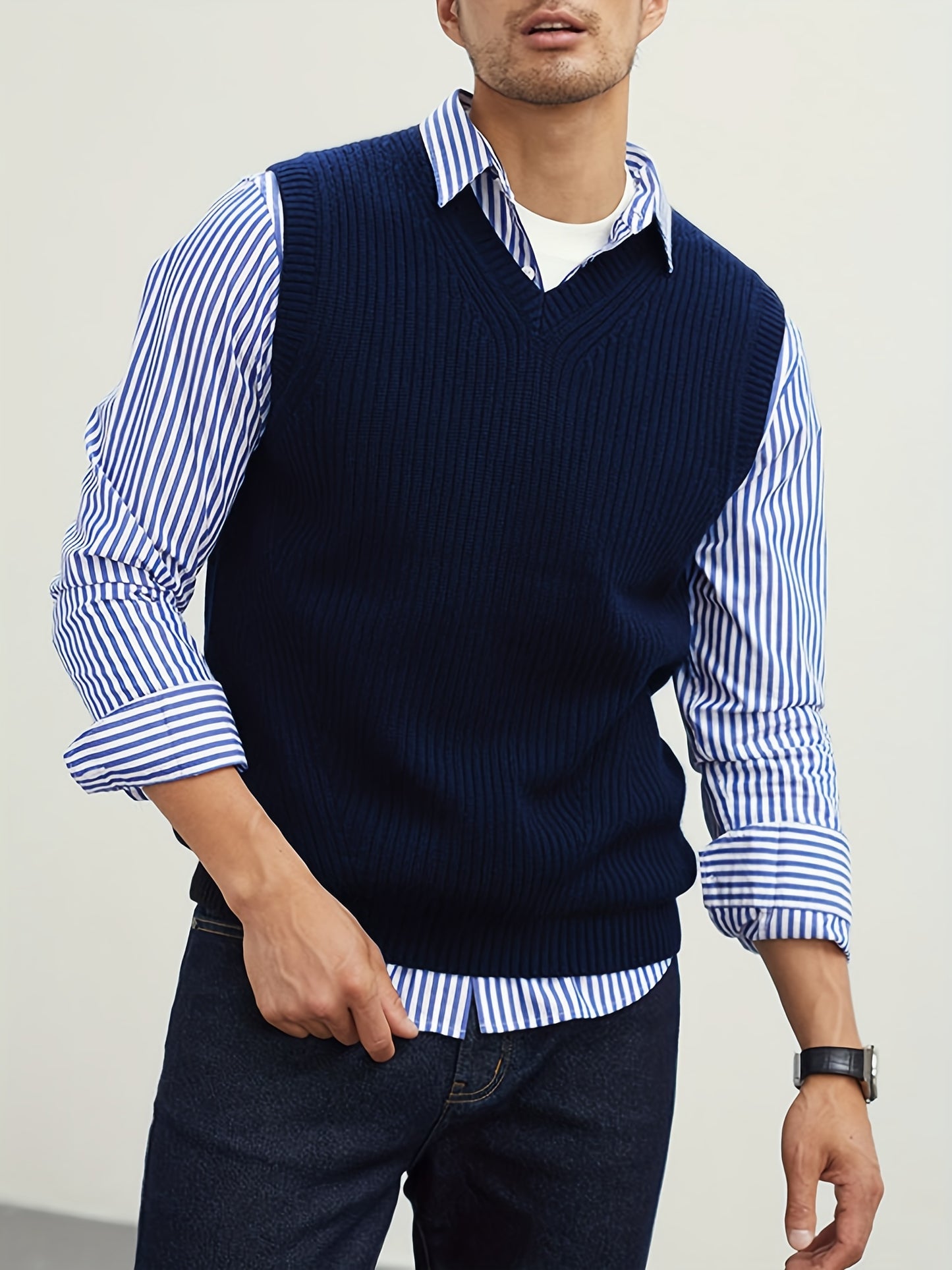 gbolsos Men's V Neck Sweater Vest, Pullover Solid Color Sleeveless Sweaters Vest, Preppy Style