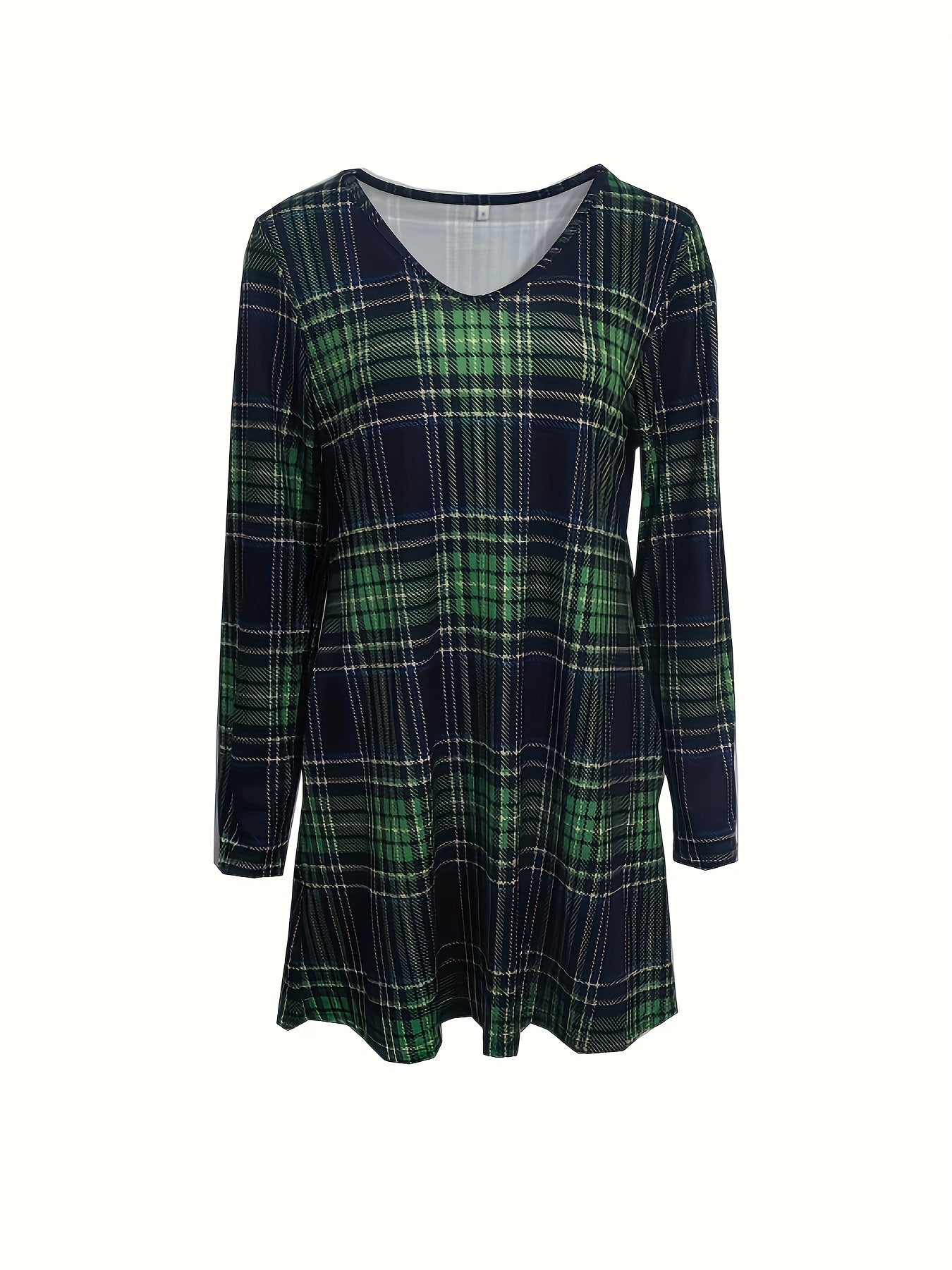 gbolsos Plaid V Neck Dress, Casual Long Sleeve Dress, Women's Clothing