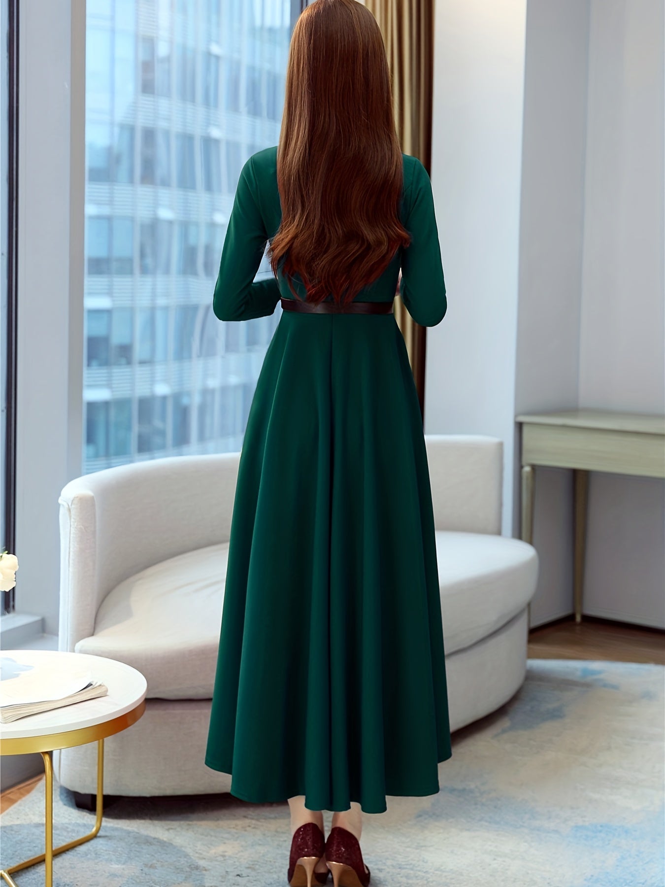 gbolsos Solid Buttons Dress, Vintage High Waist Long Sleeve Pleated Dress, Women's Clothing