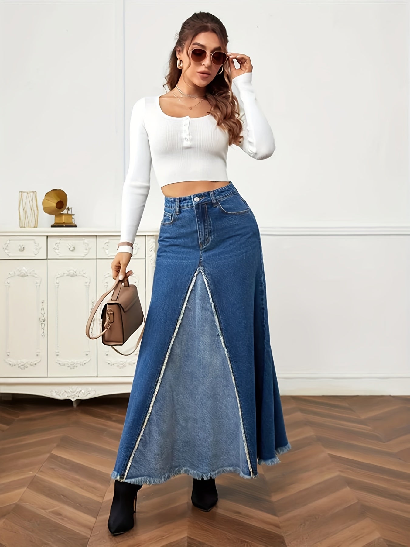 gbolsos Two Tone Patchwork Denim Midi Skirt, Frayed Hem Slant Pockets Chic Denim Skirt, Women's Denim Clothing