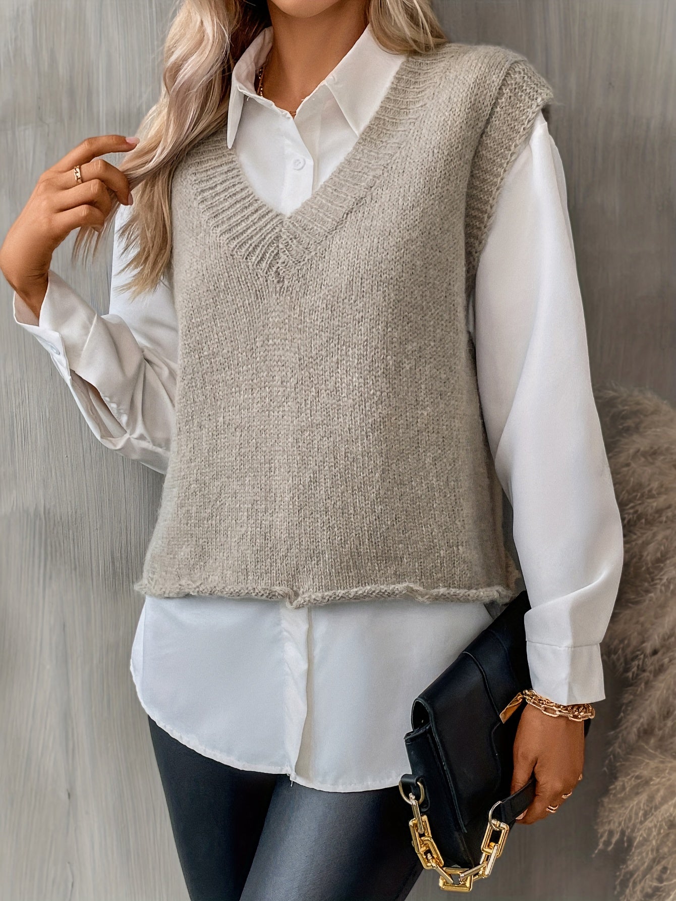 gbolsos Solid Color V Neck Pullover Sweater, Sleeveless Knitted Tank Top For Spring & Fall, Women's Clothing