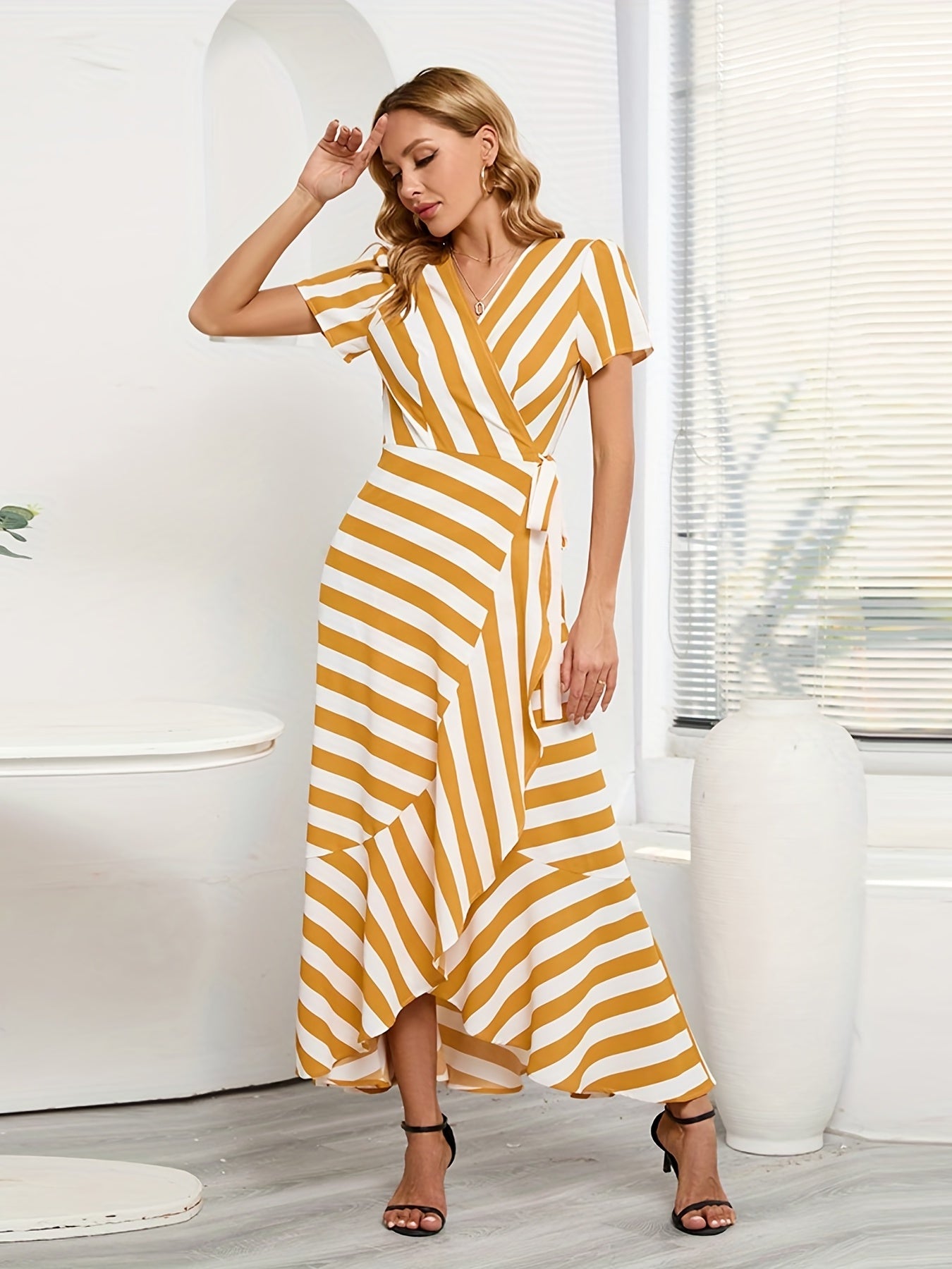 gbolsos Striped Ruffle Hem V Neck Dress, Casual Short Sleeve Dress For Spring & Summer, Women's Clothing
