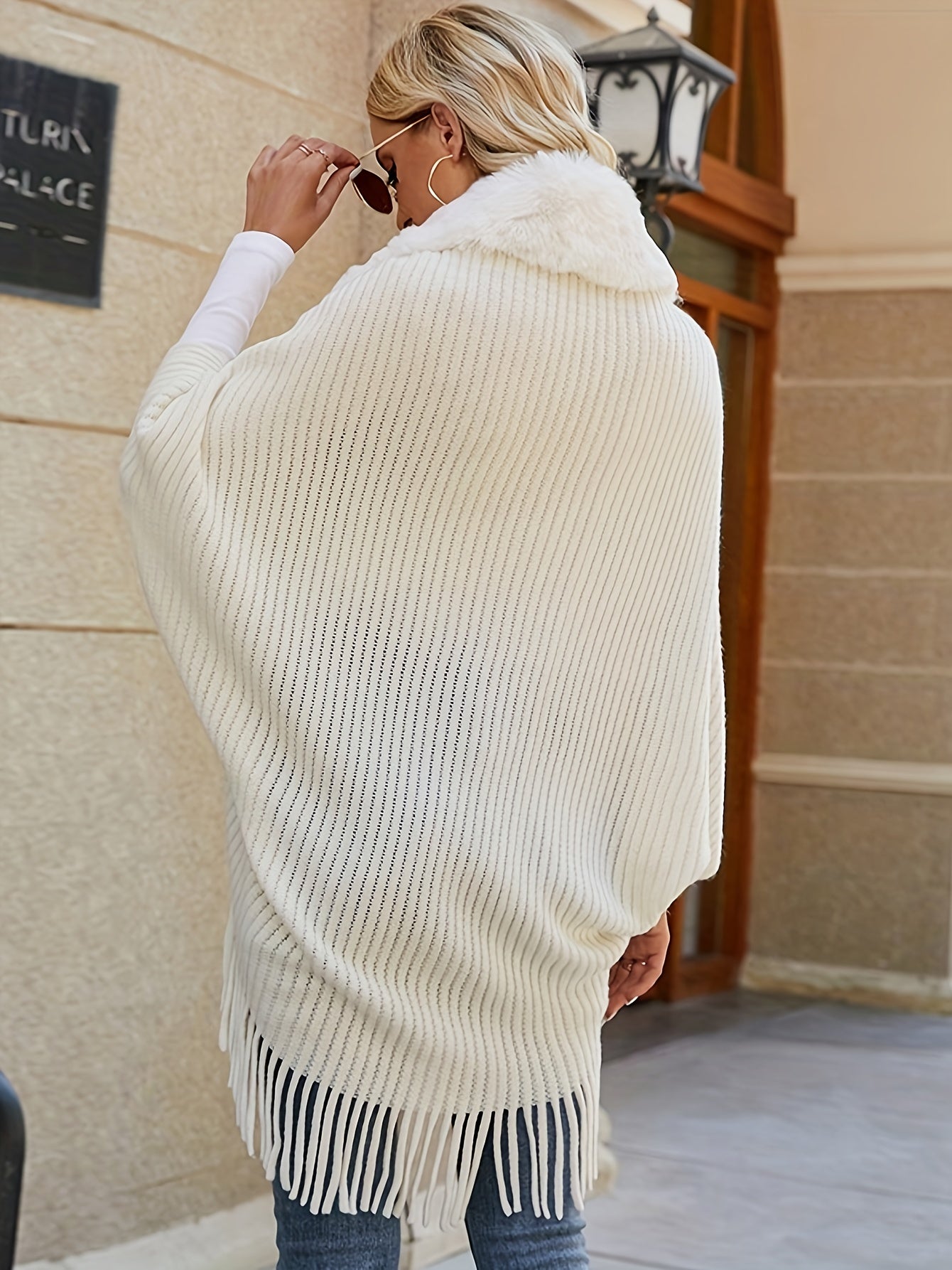 Tassel Cape Knit Sweater, Casual Open Front Solid Sweater, Women's Clothing