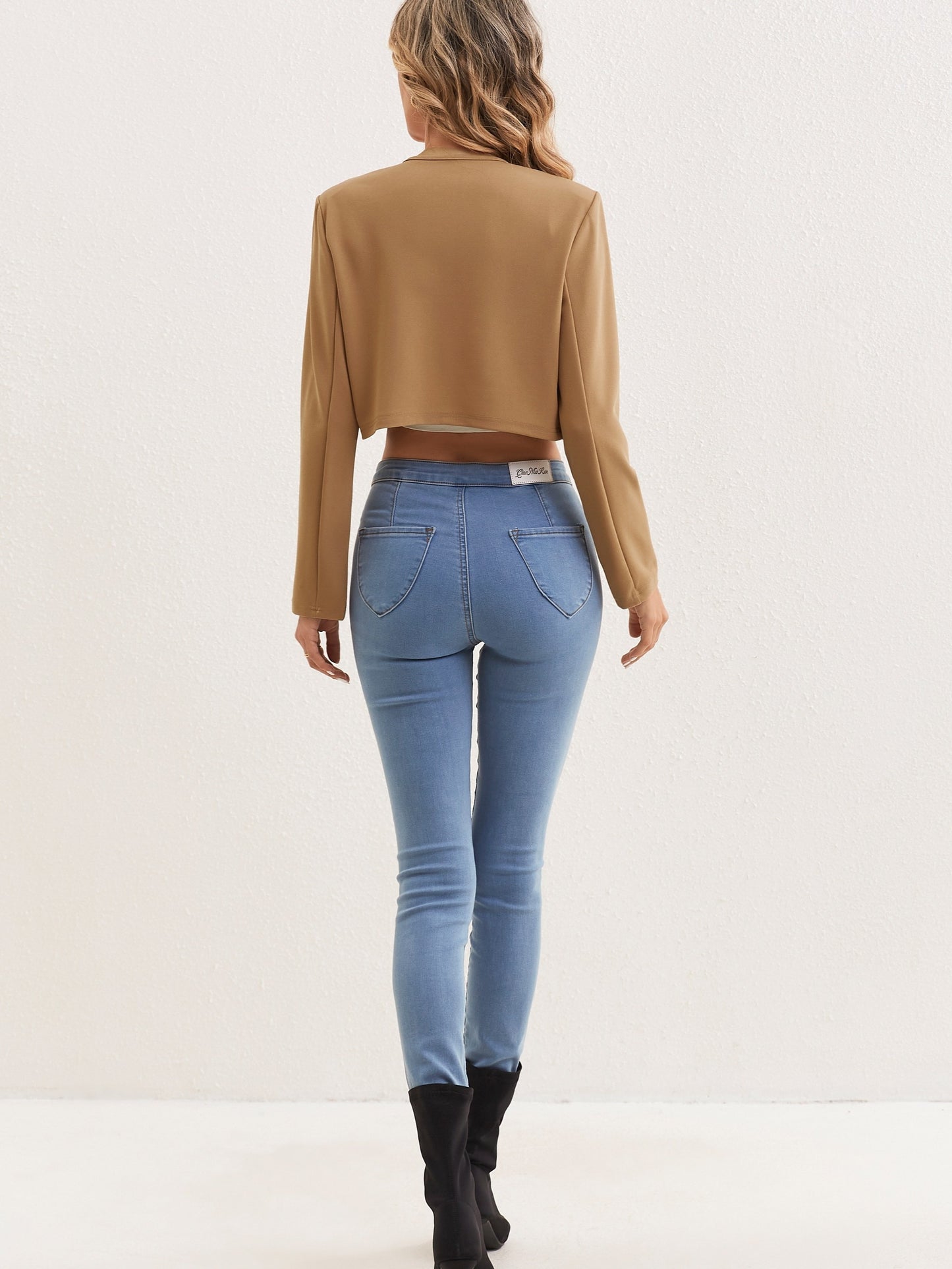gbolsos Solid Open Front Crop Blazer, Casual Long Sleeve Blazer For Spring & Fall, Women's Clothing