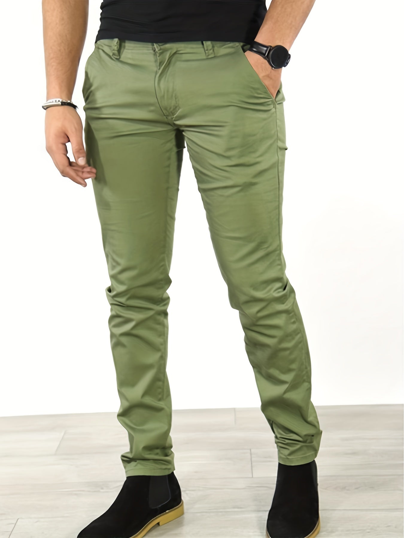 gbolsos Slim Fit Tapered Slacks, Men's Casual Slightly Stretch Solid Color All Match Pants For All Seasons Business