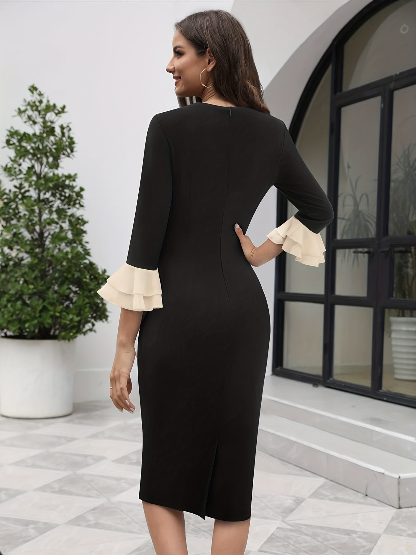 gbolsos Tie-neck Ruffle Tiered Sleeve Dress, Elegant Pencil Dress For Spring & Fall, Women's Clothing