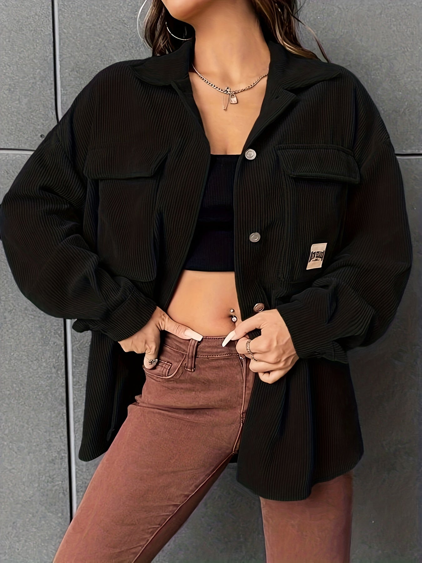 gbolsos Button Front Simple Jacket, Casual Long Sleeve Outerwear With Pockets, Women's Clothing