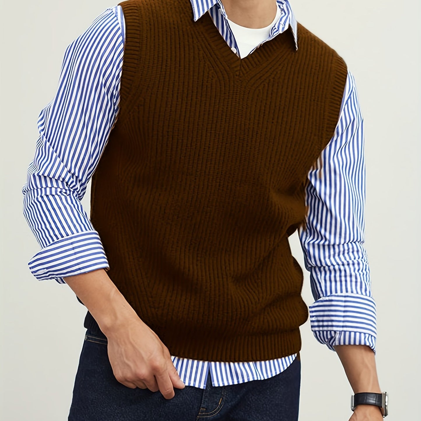 gbolsos Men's V Neck Sweater Vest, Pullover Solid Color Sleeveless Sweaters Vest, Preppy Style