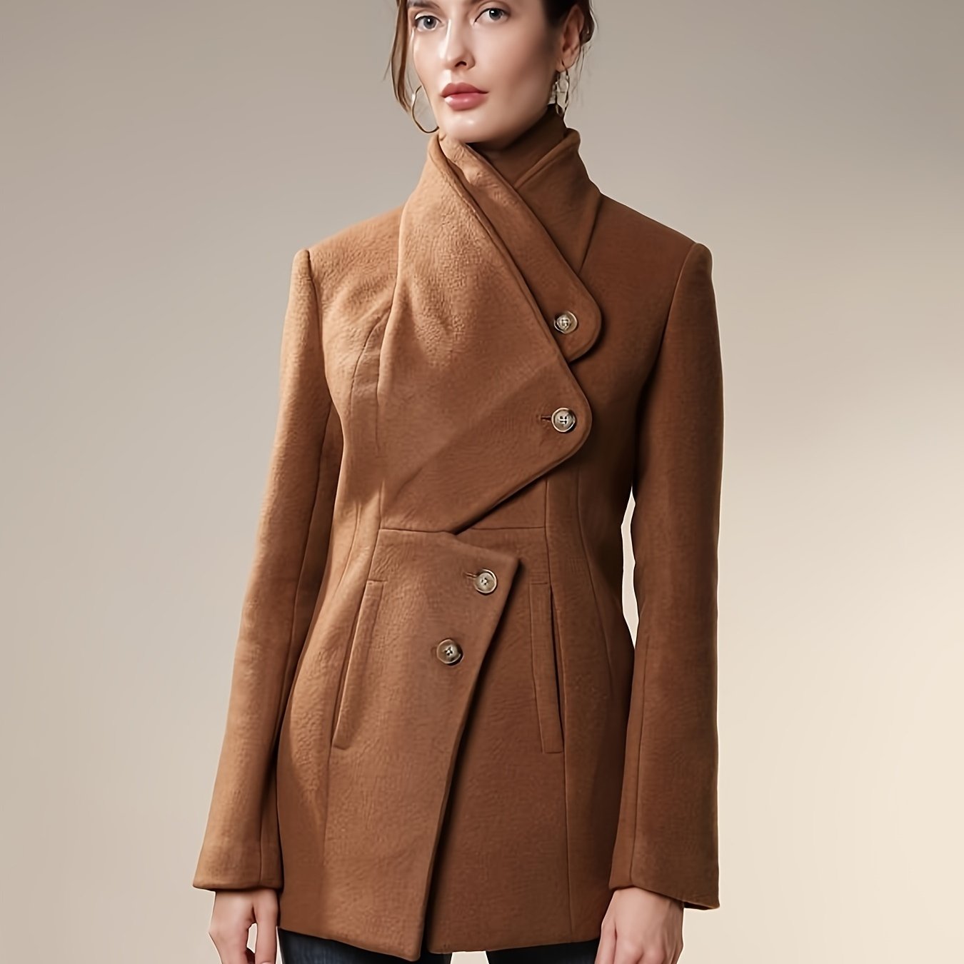 gbolsos Button Front Wrap Coat, Elegant Long Sleeve Lapel Coat For Fall & Winter, Women's Clothing