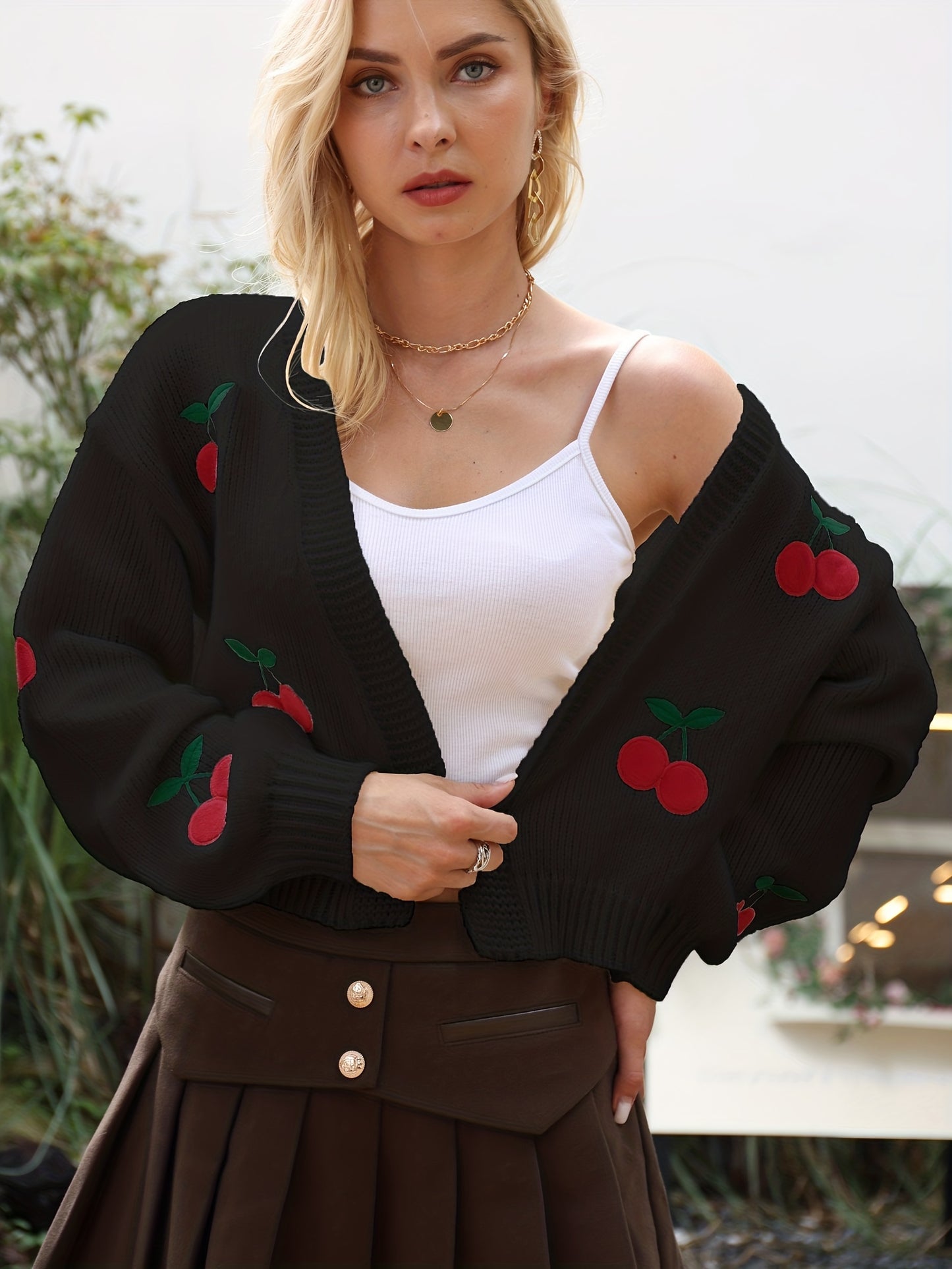 gbolsos Cherry Embroidered Knit Cardigan, Casual Open Front Long Sleeve Sweater, Women's Clothing