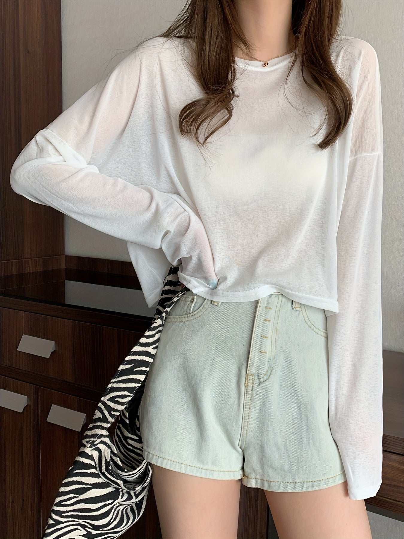 gbolsos Solid Thin Crew Neck T-Shirt, Casual Long Sleeve Top For Spring & Summer, Women's Clothing