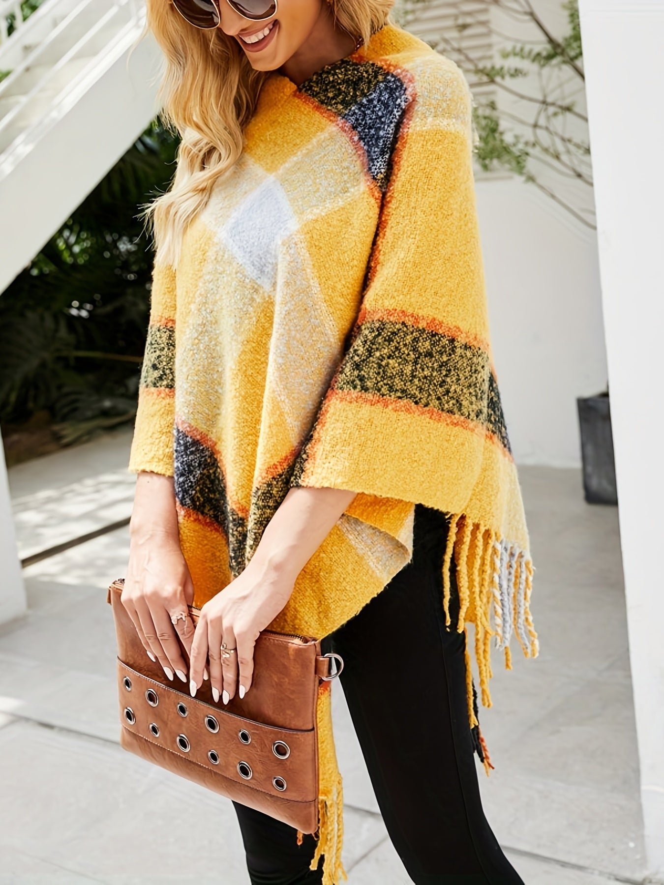 Plaid Pattern Tassel Trim Cape Sweater, Casual Batwing Sleeve Sweater, Women's Clothing