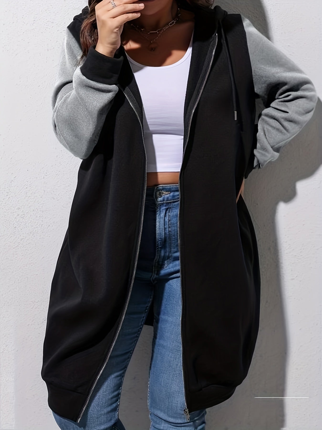 Plus Size Casual Coat, Women's Plus Colorblock Hoodie Drawstring Zipper Long Sleeve Longline Coat