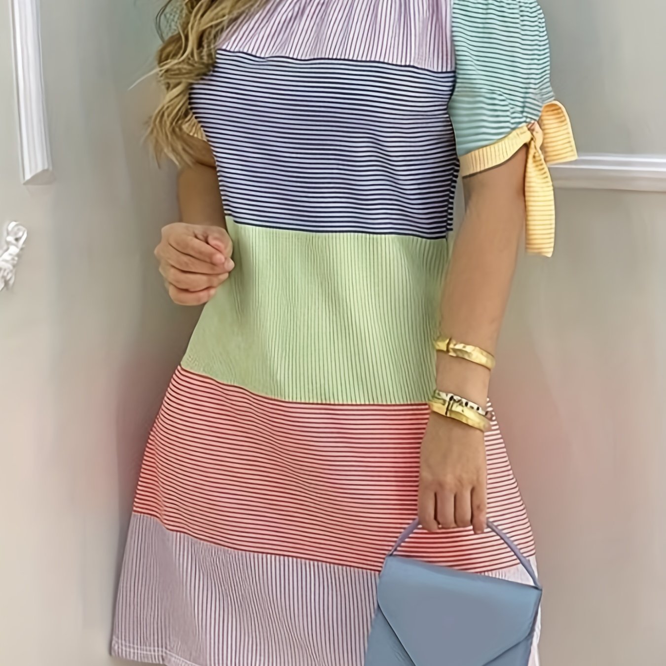 gbolsos Color Block Off Shoulder Dress, Elegant Backless Short Sleeve Dress For Spring & Summer, Women's Clothing