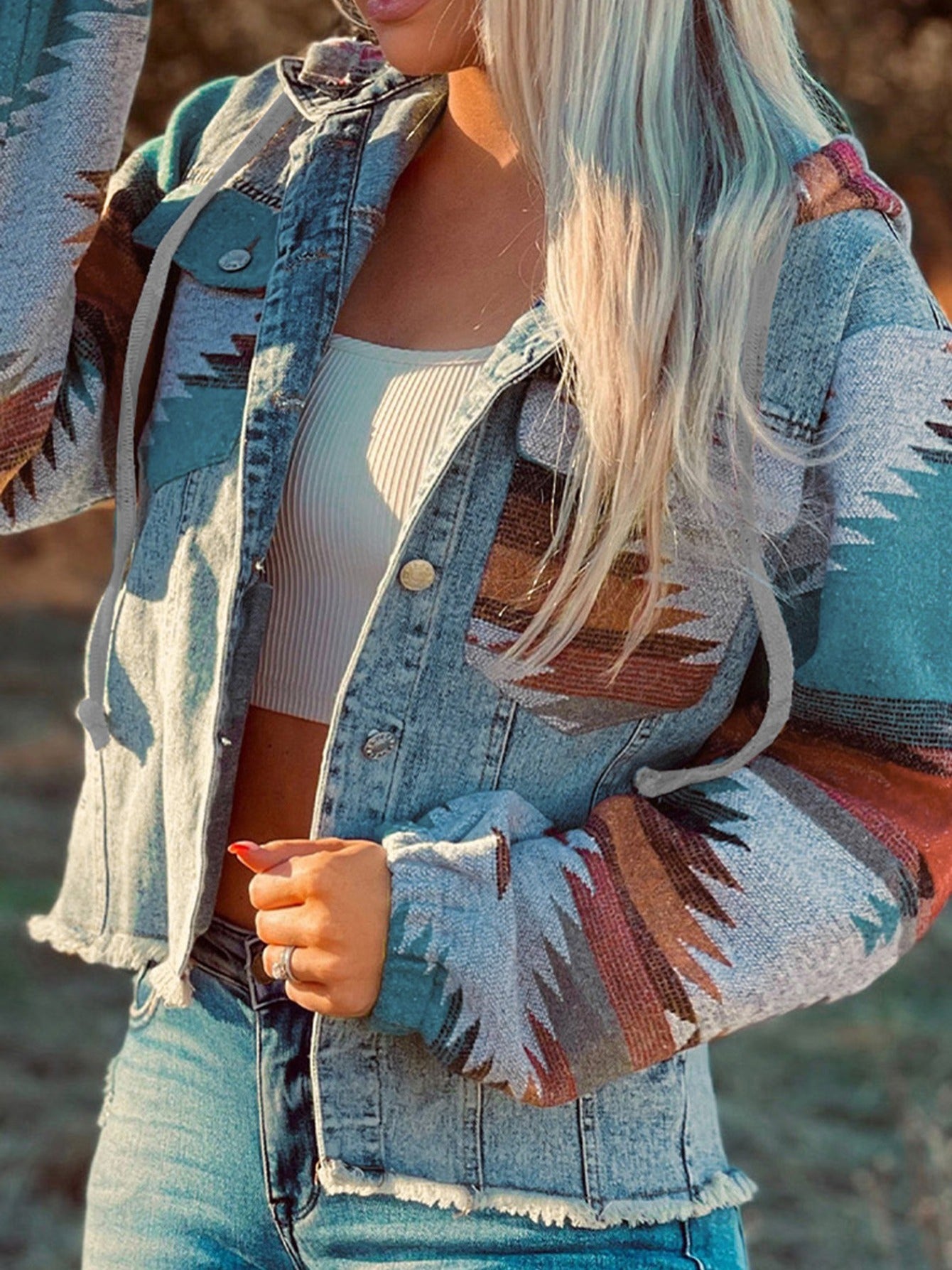 gbolsos Multicolor Aztec Print Frayed Hem Denim Jacket, Street Pockets Loose Outerwear, Women's Clothing