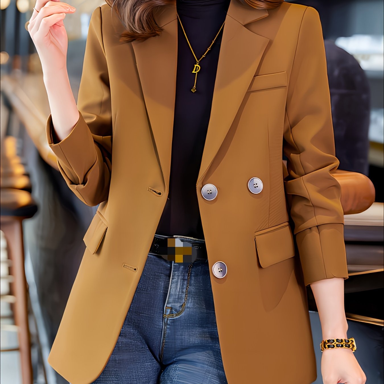 gbolsos Solid Color Open Front Blazer, Elegant Lapel Neck Double Breasted Long Sleeve Split Blazer For Every Day, Women's Clothing