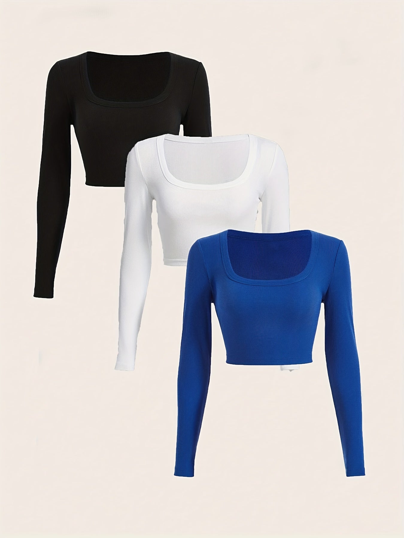 gbolsos 3 Packs Ribbed Square Neck Crop T-Shirts, Casual Long Sleeve Top For Spring & Fall, Women's Clothing