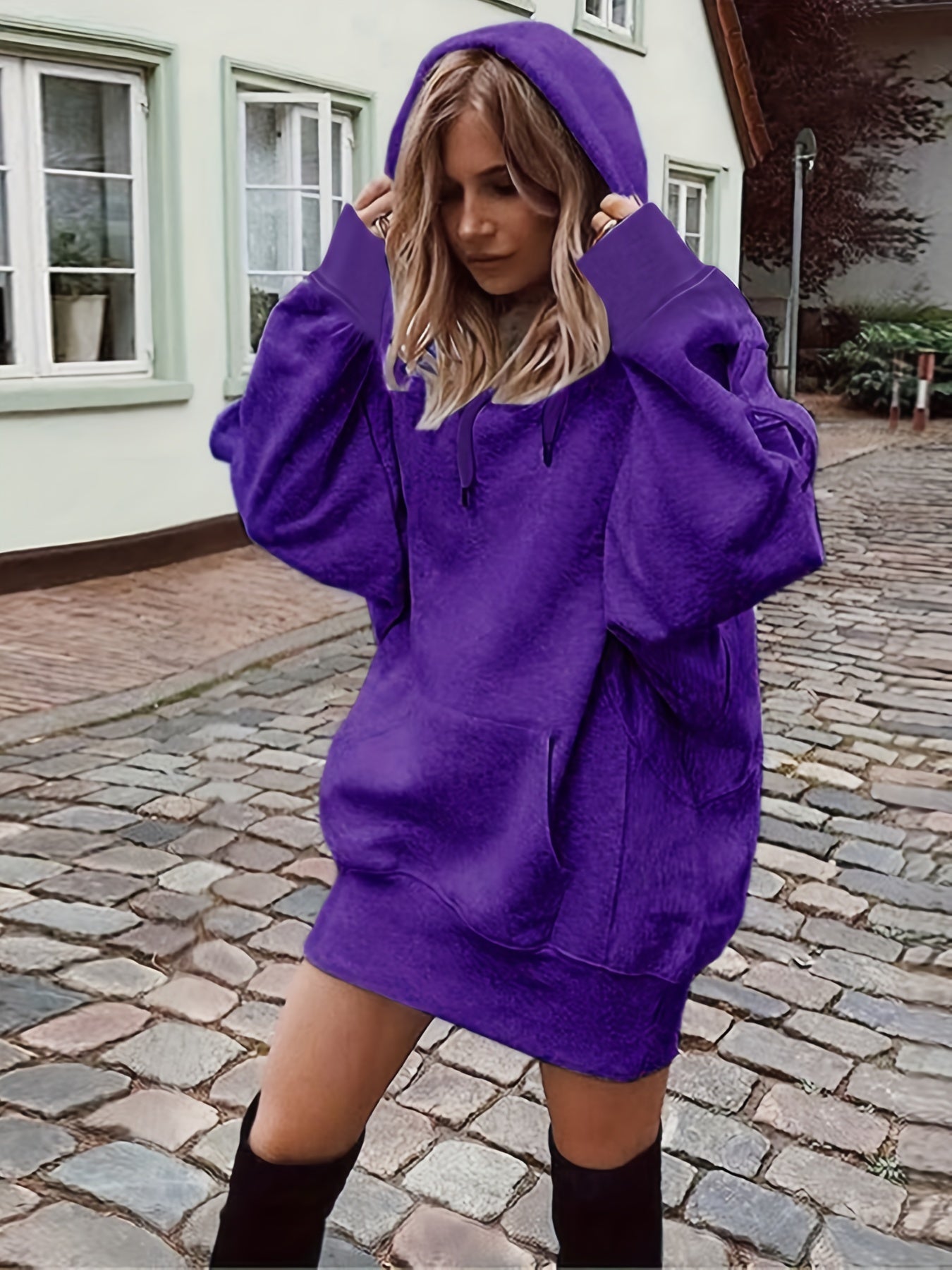 Solid Drawstring Hoodie, Casual Long Sleeve Drop Shoulder Hoodie, Women's Clothing