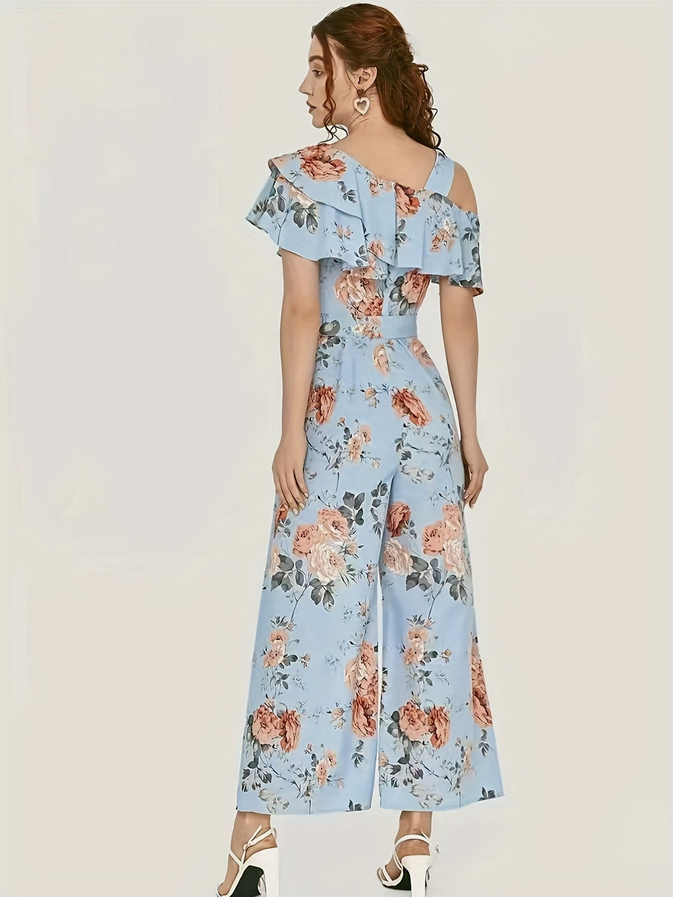 elveswallet Floral Print Wide Leg Jumpsuit, Boho Ruffle Layered Hem Jumpsuit For Spring & Summer, Women's Clothing