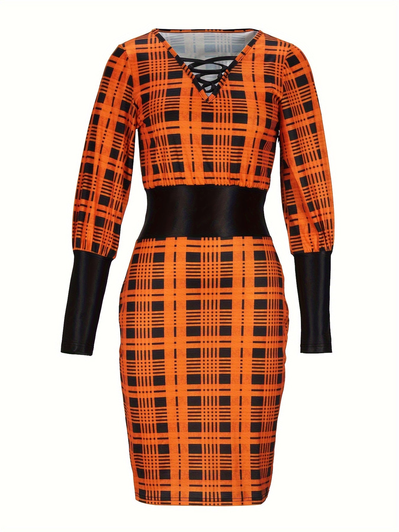 gbolsos Plaid Print Lantern Sleeve Sheath Dress, Casual Crisscross V Neck Cinched Waist Dress, Women's Clothing