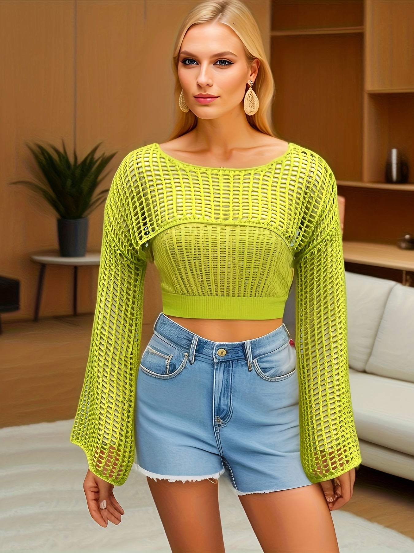 Y2K Hollow Out Crop Sweater, Long Sleeve Casual Sweater For Spring & Fall, Women's Clothing