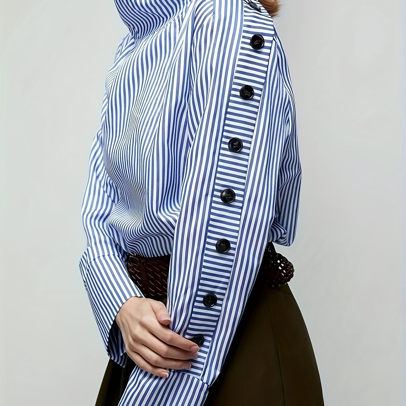 gbolsos Stripe Print Button Decor Blouse, Casual Long Sleeve Blouse For Spring & Fall, Women's Clothing