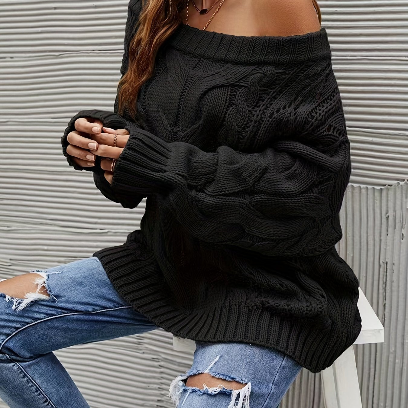 gbolsos Off Shoulder Cable Knit Sweater, Casual Long Sleeve Sweater For Fall & Winter, Women's Clothing
