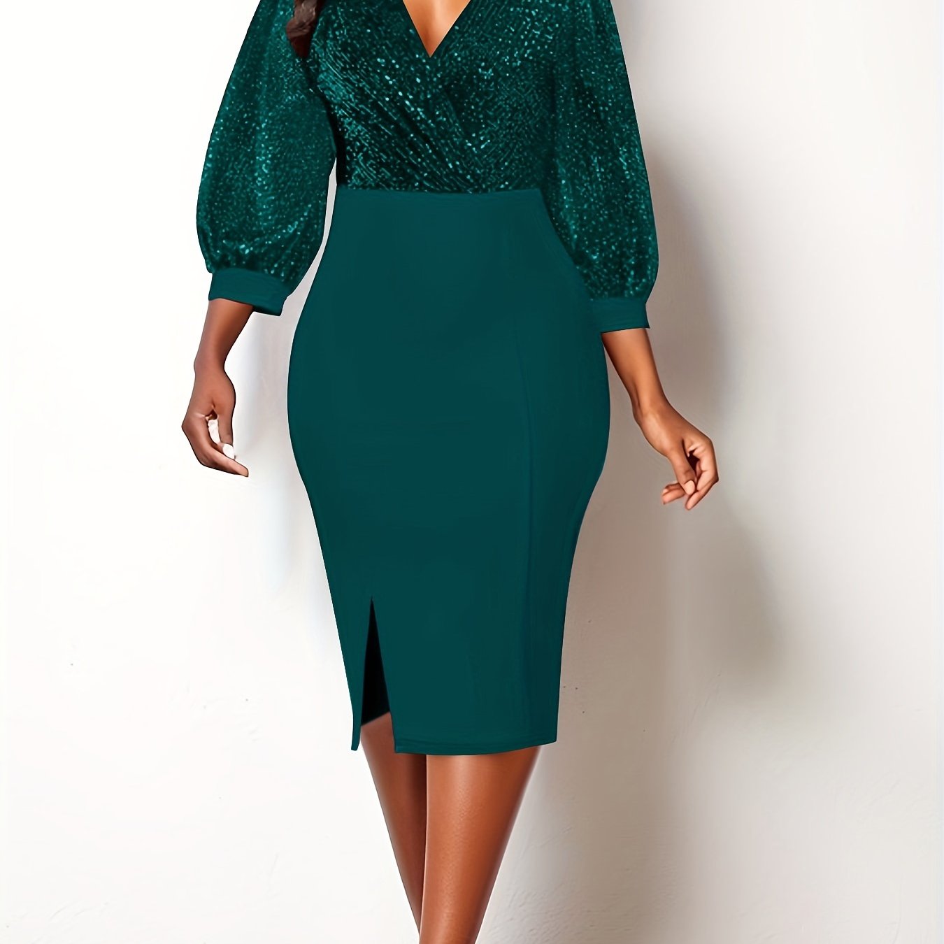 gbolsos Elegant Skinny Shiny Dress, Long Sleeve V-neck Dress For Party & Banquet, Women's Clothing