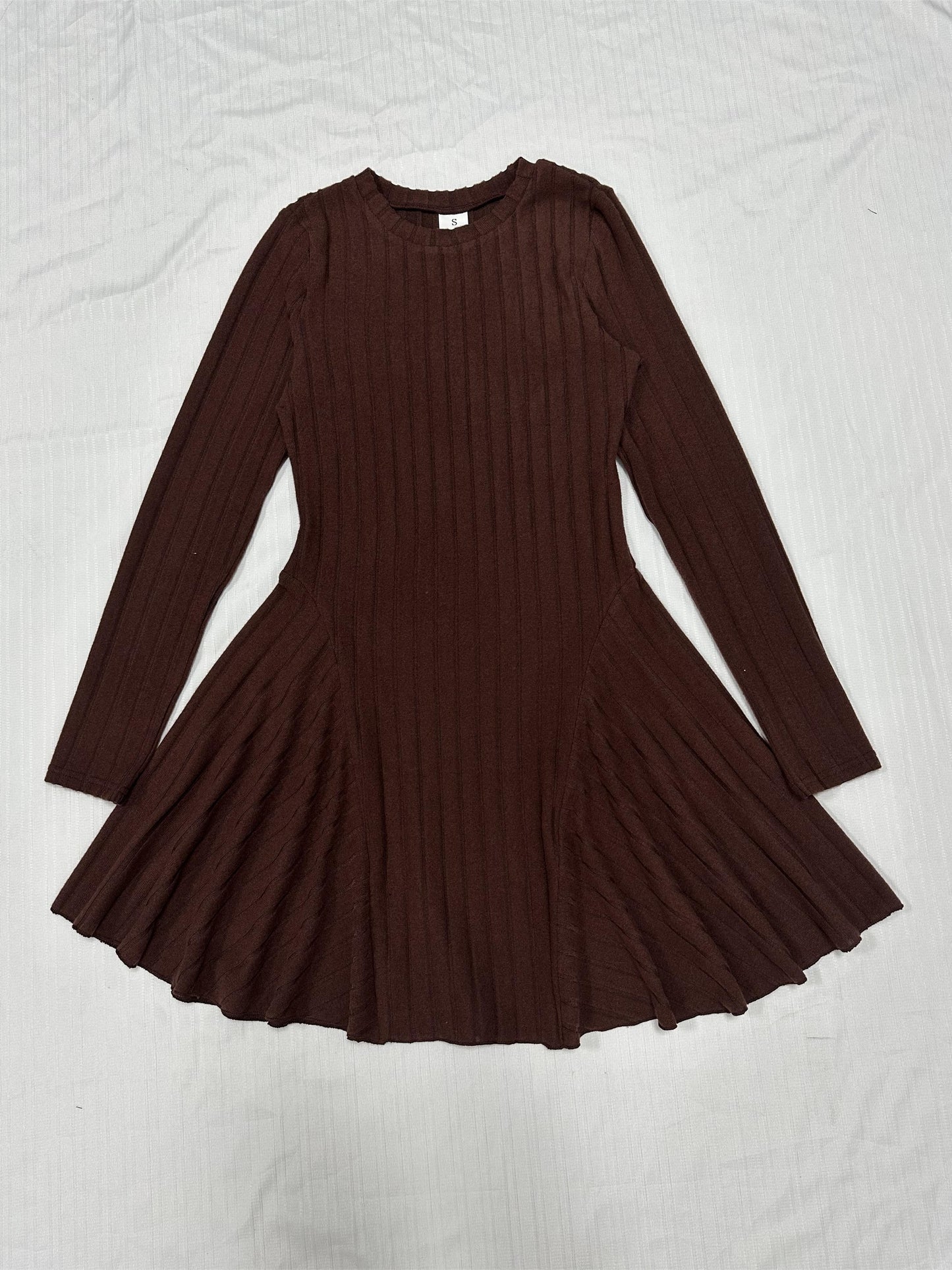 gbolsos Rib Knit Long Sleeve Flare Dress, Casual Crew Neck Dress For Spring & Summer, Women's Clothing