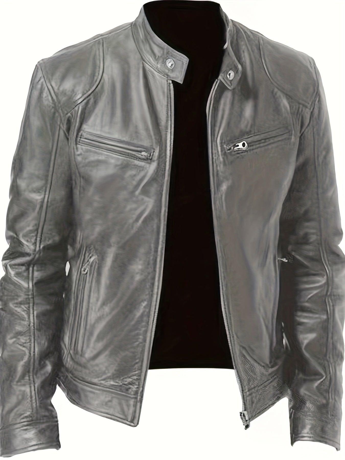 gbolsos Zipper Pockets PU Jacket, Men's Casual Solid Color Zip Up Stand Collar Faux Leather Jacket For Spring Fall