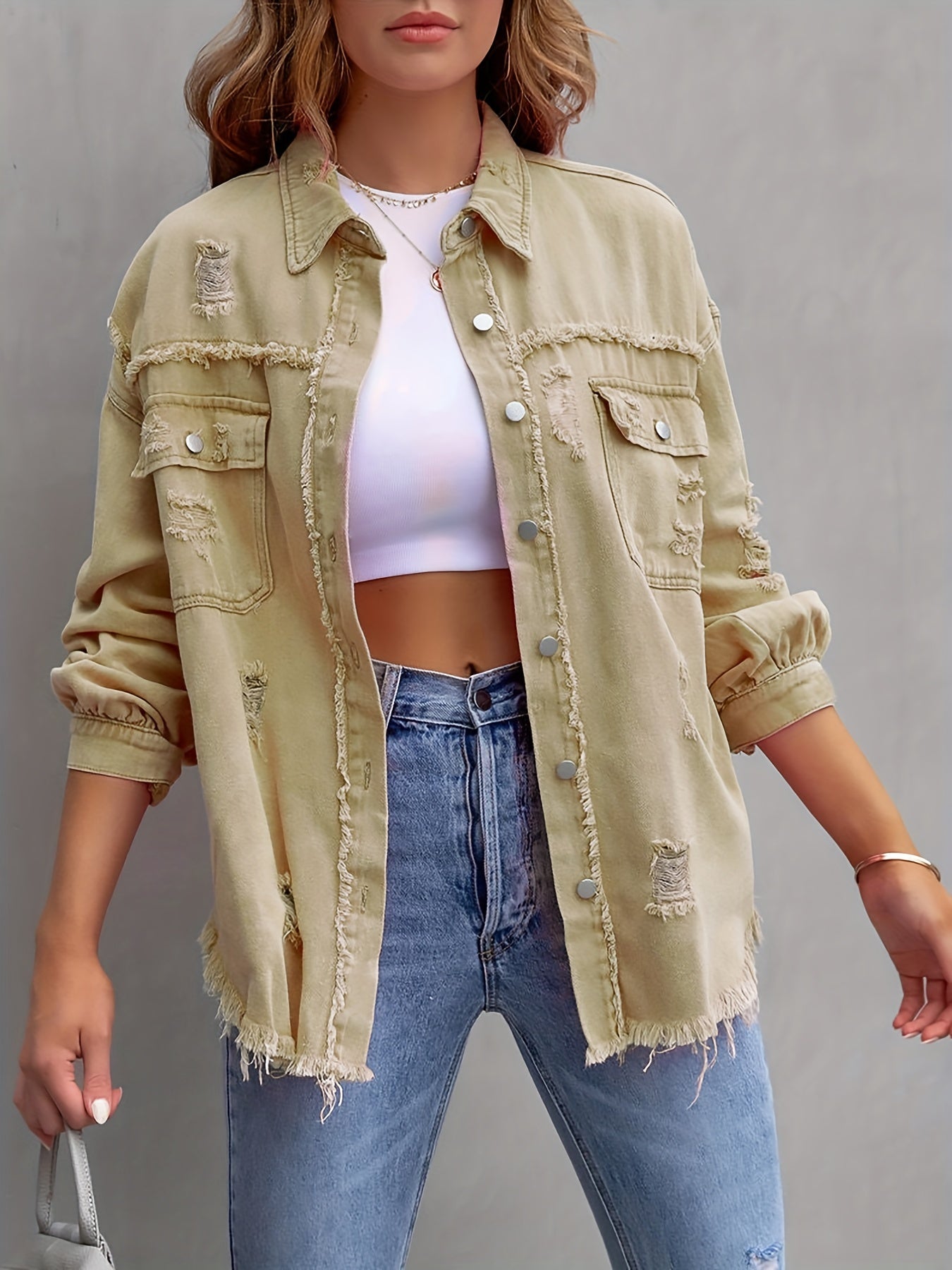 Raw Hem Ripped Distressed Denim Jacket, Flap Pockets Long Sleeves Street Style Single-Breasted Denim Coat, Women's Denim Jeans & Clothing
