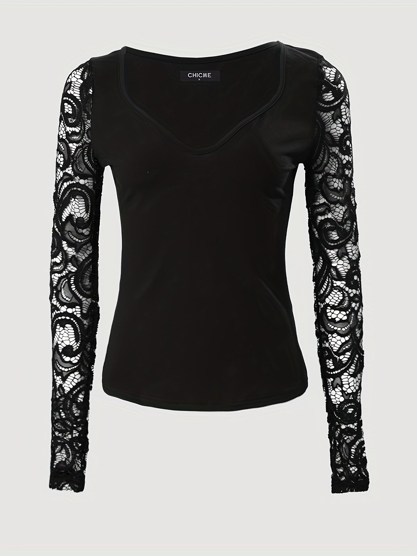 gbolsos Lace V-neck Slim T-Shirt, Sexy Long Sleeve T-Shirt For Spring & Summer, Women's Clothing