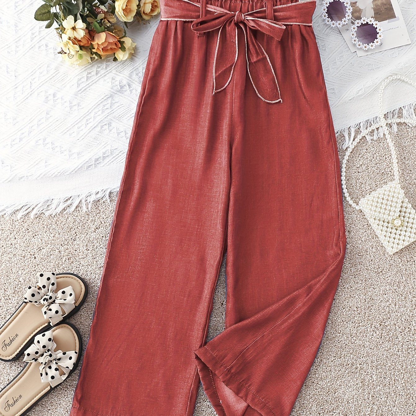 gbolsos Girls' Cosy Faux Denim Print Wide Leg Casual Pants Trousers With Belt For Spring/Summer/Fall