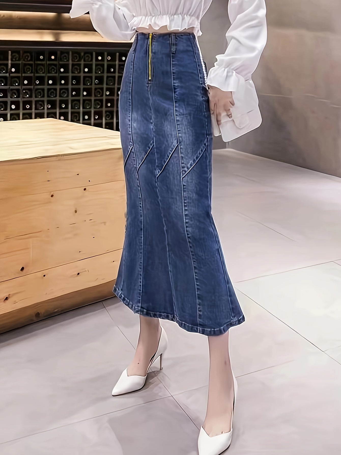 gbolsos Blue Zip Front Denim Midi Skirt, High Stretch Mermaid High Waist Casual Denim Midi Skirt, Women's Denim Clothing