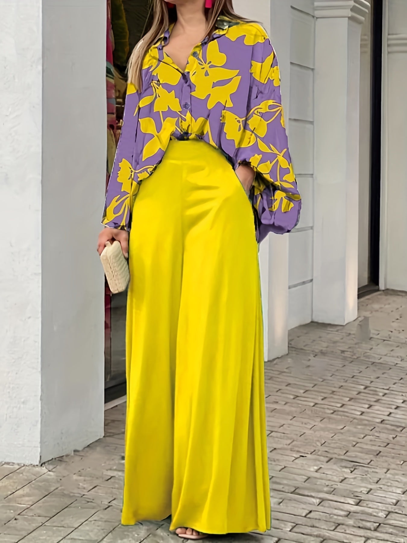 gbolsos Batwing Sleeve Tie Dye Blouse & High Waist Solid Pantsuits