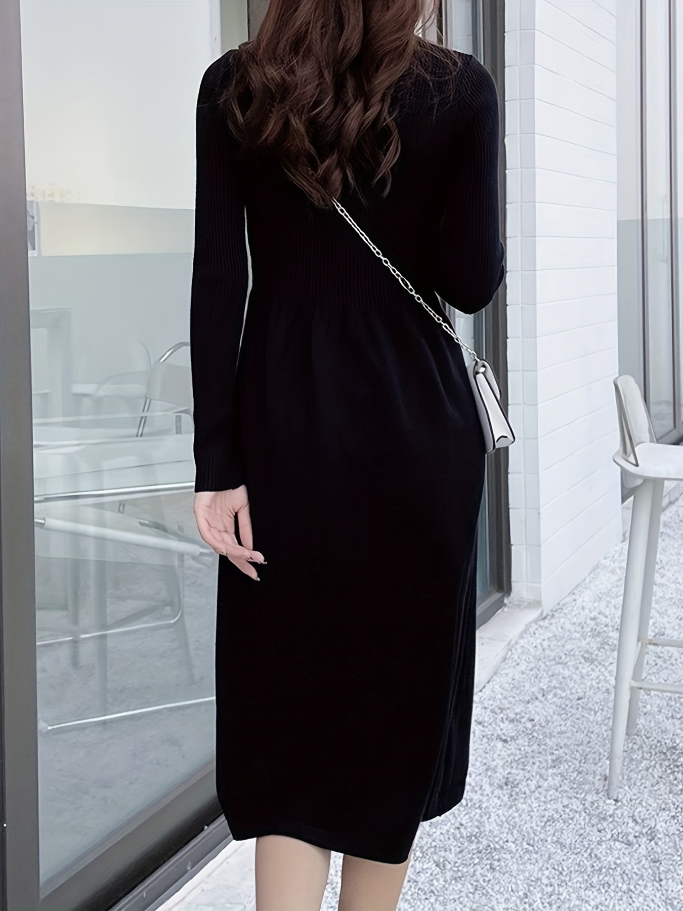 gbolsos Solid Mock Neck Splicing Dress, Elegant Long Sleeve Aline Dress For Spring & Fall, Women's Clothing