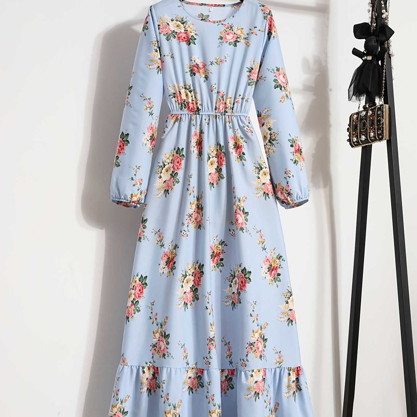 gbolsos Elegant Summer High Waist Fashion Ditsy Floral Print Dress, Slim Temperament Maxi Dresses, Women's Clothing