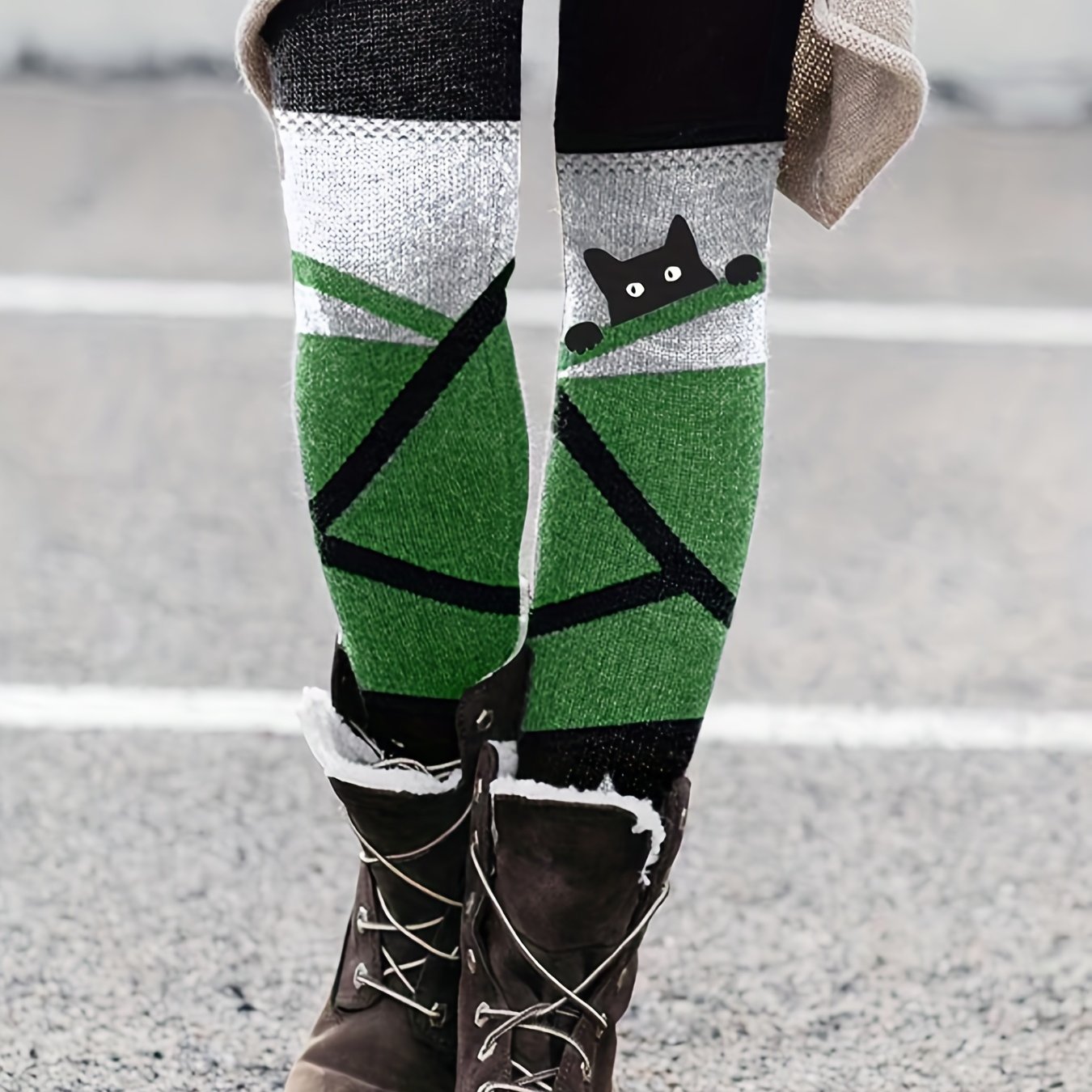 gbolsosCat & Stripe Print Skinny Leggings, Casual Every Day Stretchy Leggings, Women's Clothing