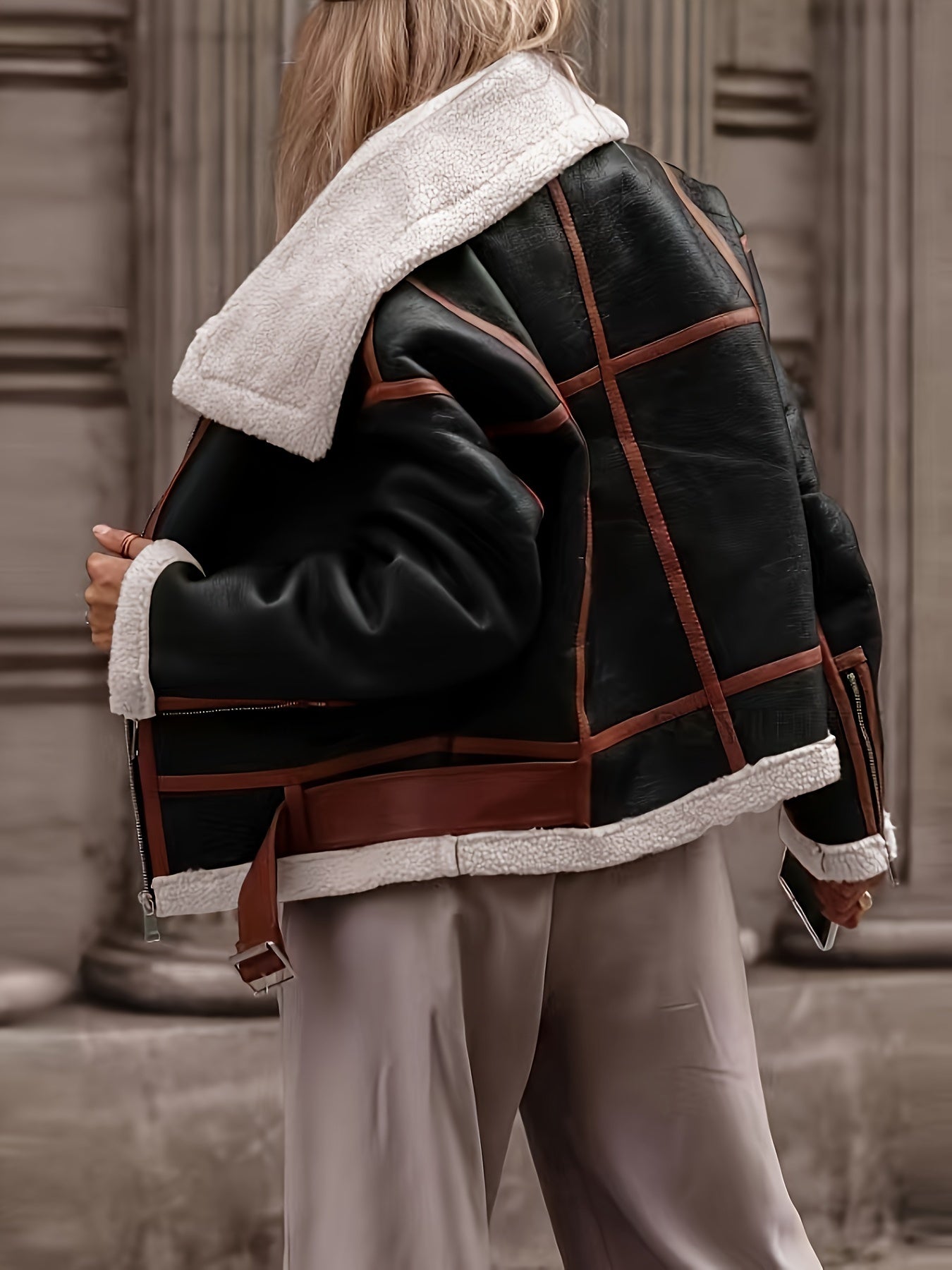 gbolsos Faux Leather Contrast Trim Zip-up Jacket, Stylish Long Sleeve Lapel Belt Jacket For Fall & Winter, Women's Clothing