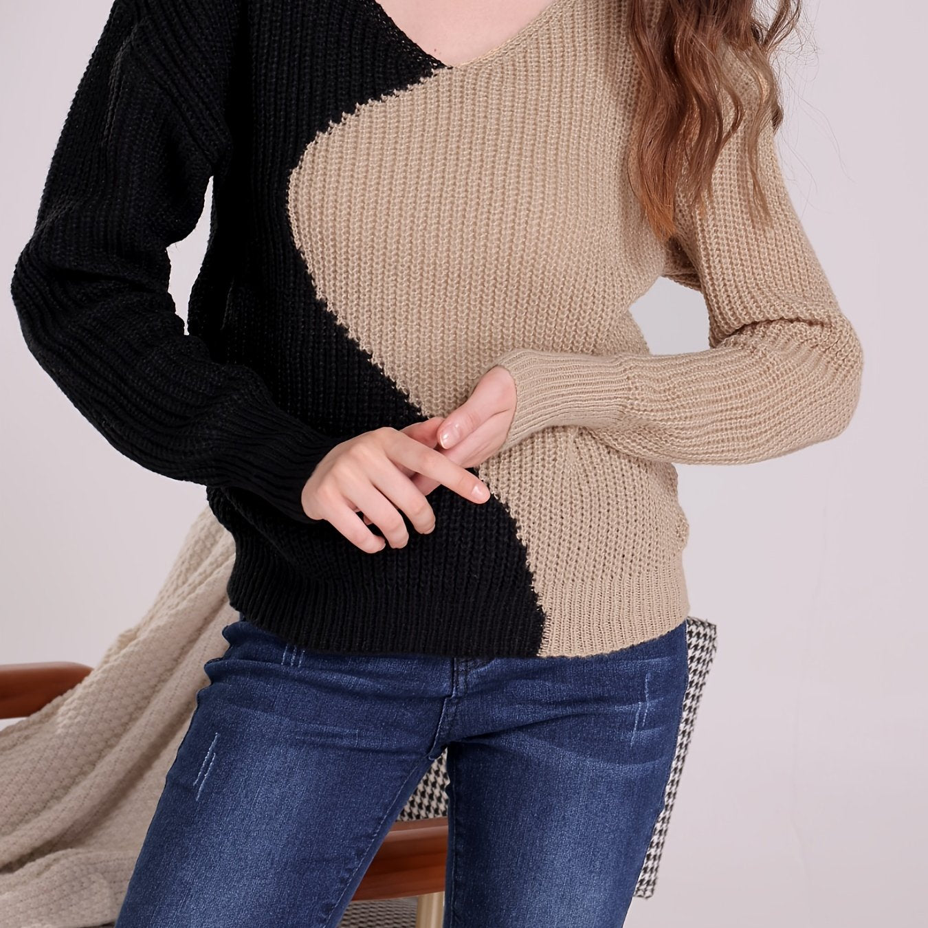 gbolsos Color Block Drop Shoulder Sweater, Casual V-neck Long Sleeve Sweater, Women's Clothing