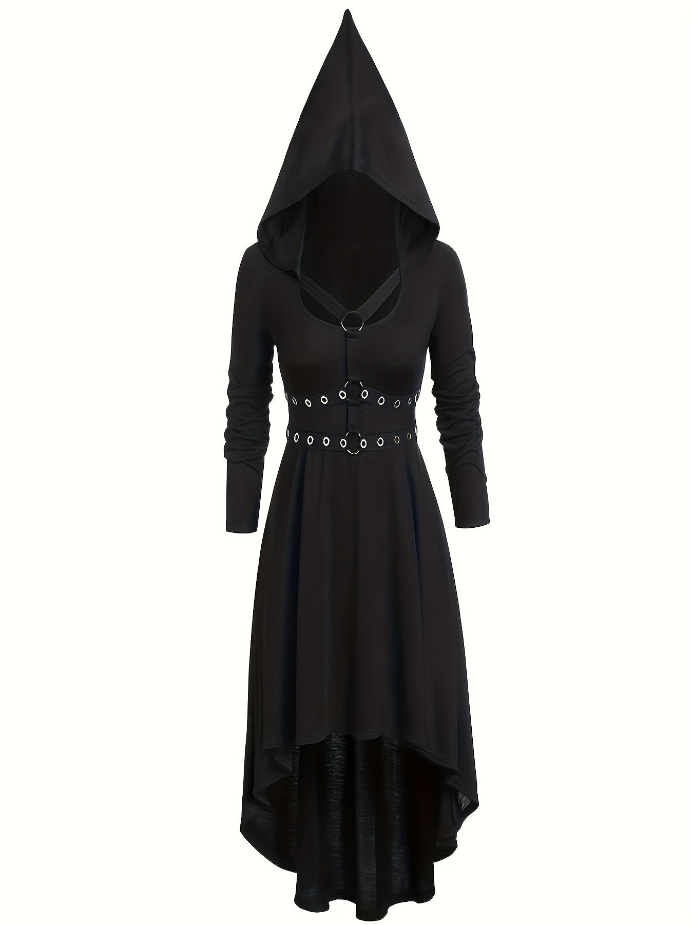 gbolsos Solid Circle Decor Hooded Dress, Vintage Asymmetrical Hem Cosplay Dress For Spring & Fall, Women's Clothing