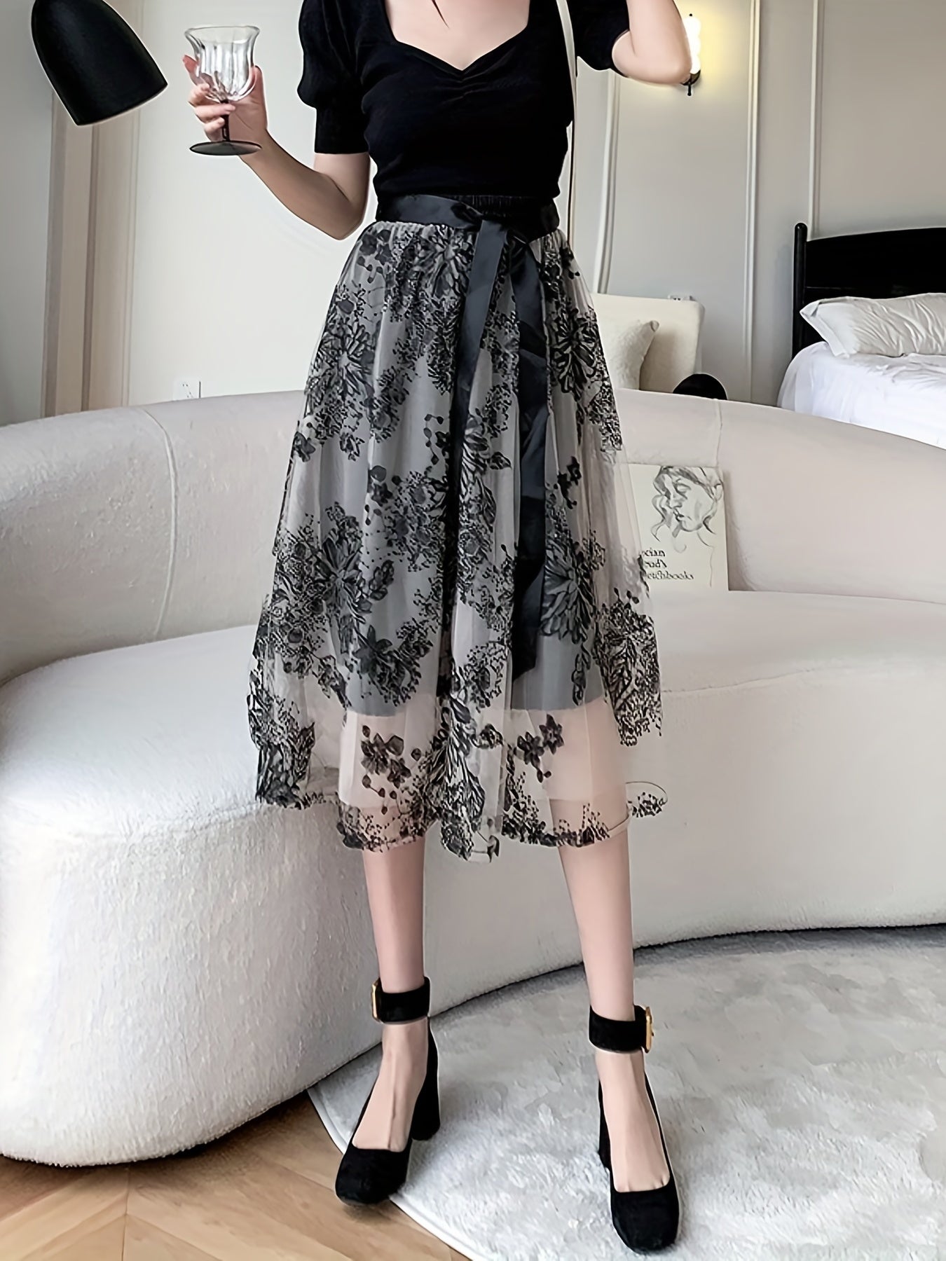 Contrast Mesh Knotted Skirts, Elegant A Line Skirts For Spring & Summer, Women's Clothing