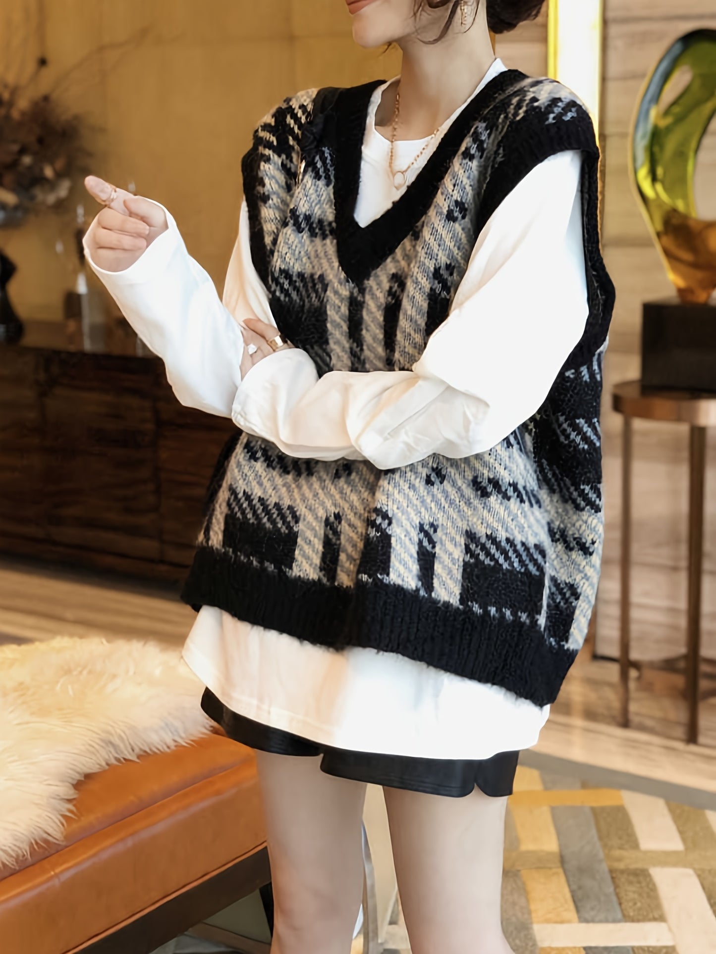 gbolsos Plaid Pattern V Neck Knitted Vest, Casual Sleeveless Loose Sweater For Spring & Fall, Women's Clothing