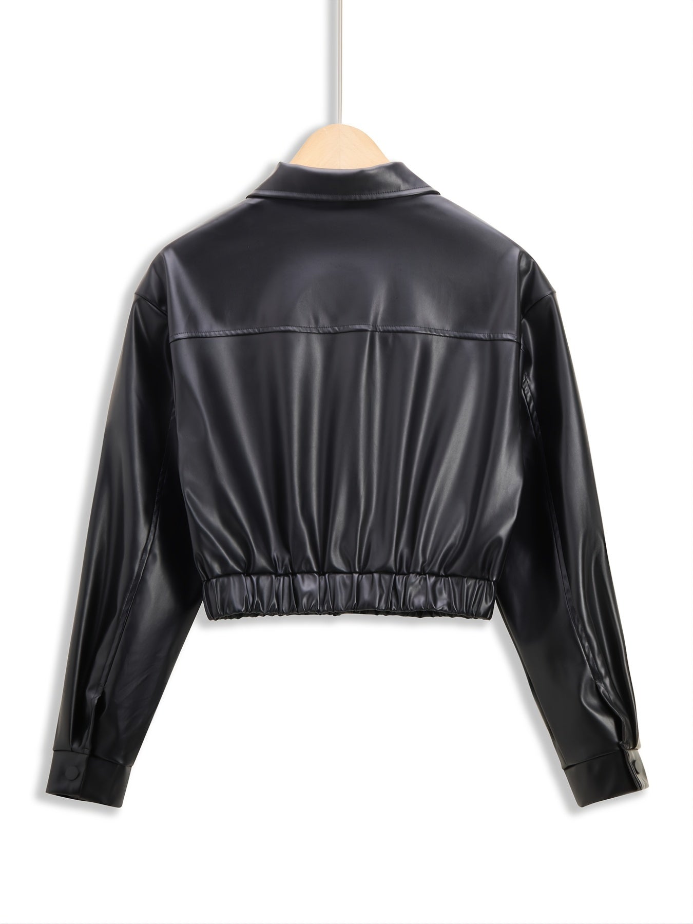 gbolsos PU Leather Turn Down Collar Jacket, Casual Elastic Hem Button Front Outerwear With Pockets, Women's Clothing