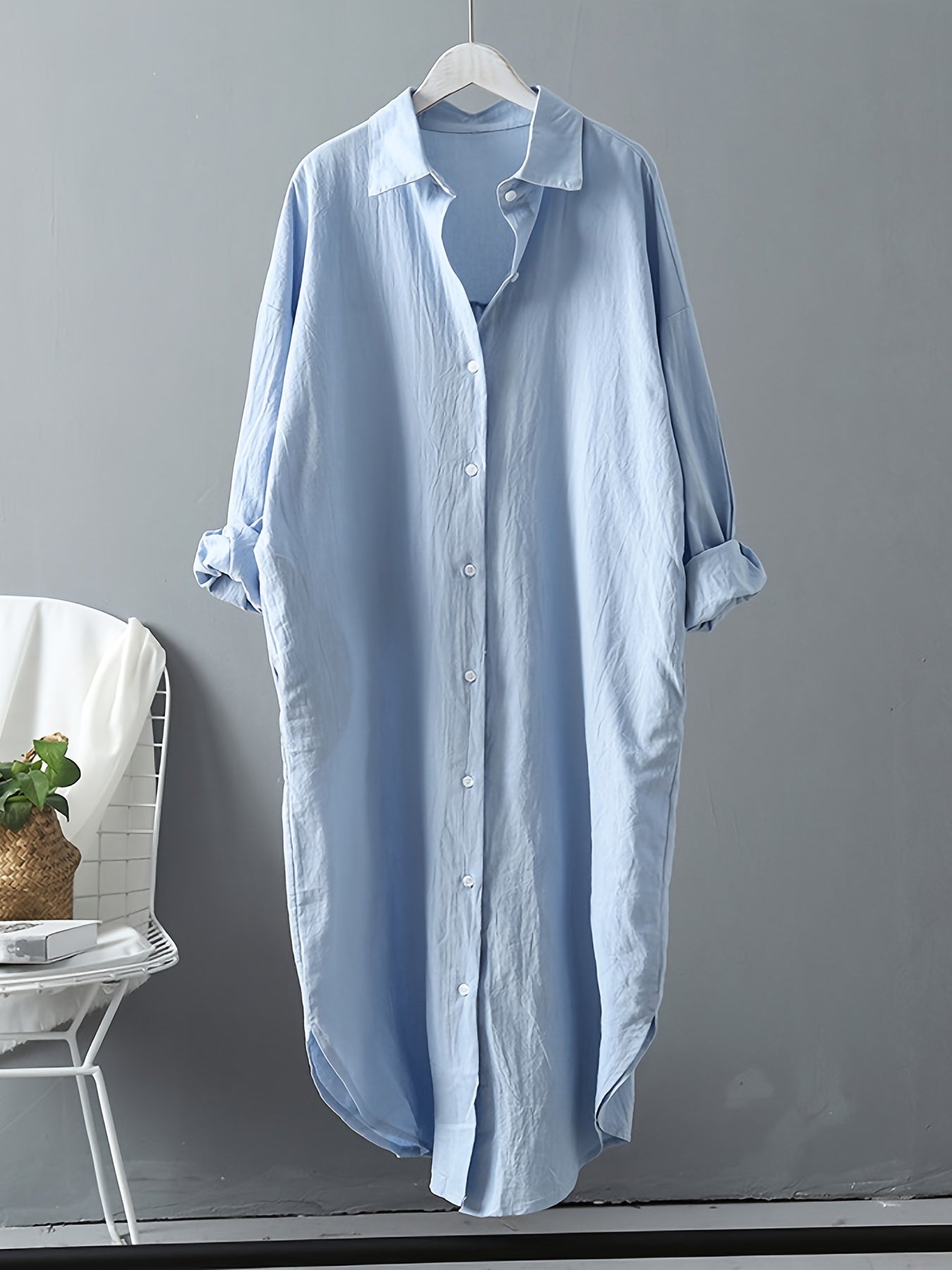 gbolsos Loose Long Sleeve Solid Lapel Shirt, Casual Medium Longline Button Shirt, Women's Clothing