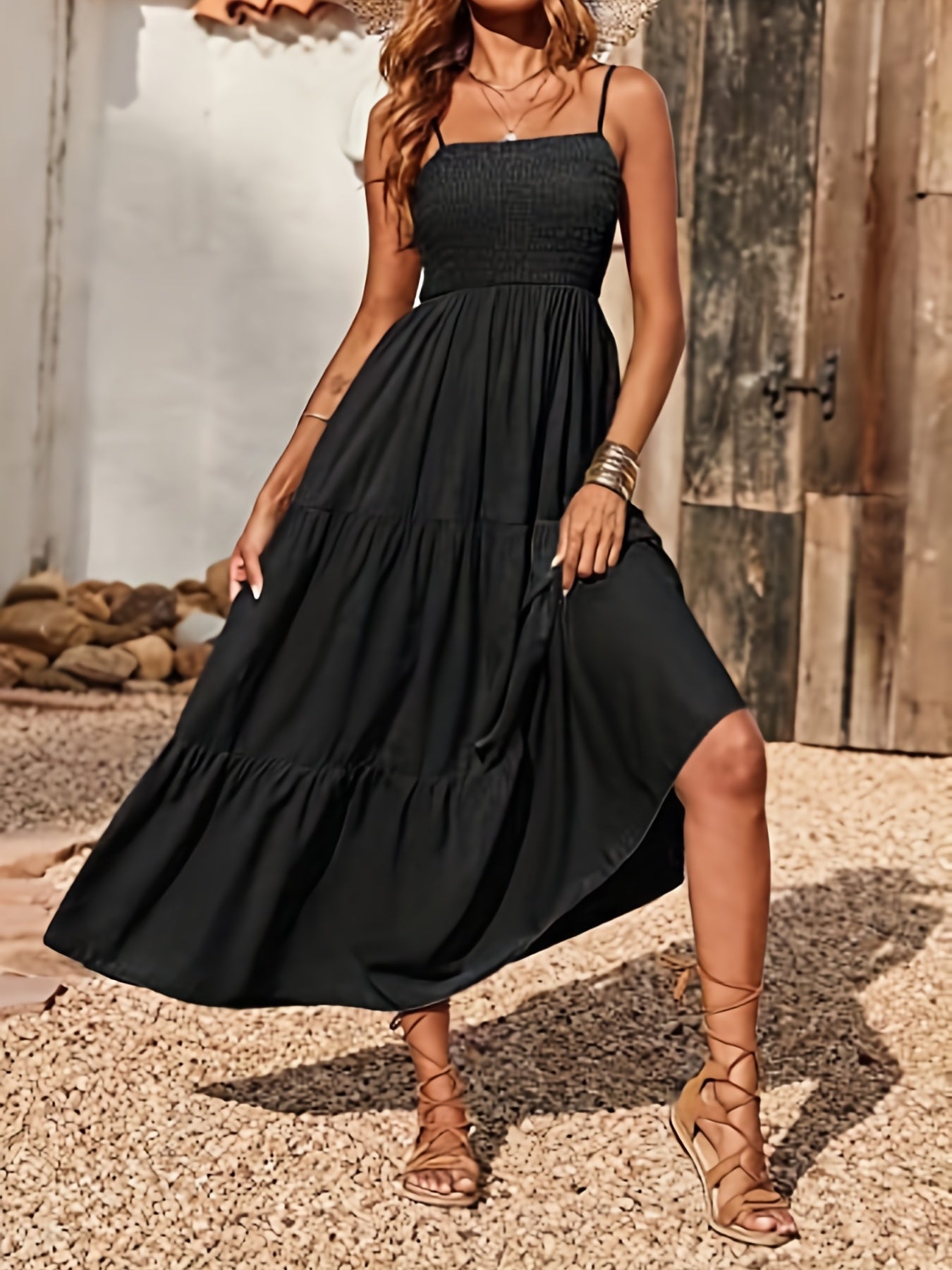 gbolsos Shirred Cami Dress, Vacation Spaghetti Sleeveless High Waist Ruched Dress, Women's Clothing