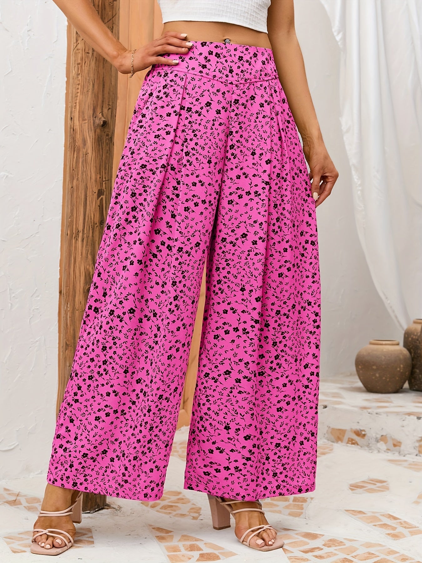 gbolsos Floral Print Wide Leg Pants, Casual Loose Pants For Spring & Summer, Women's Clothing