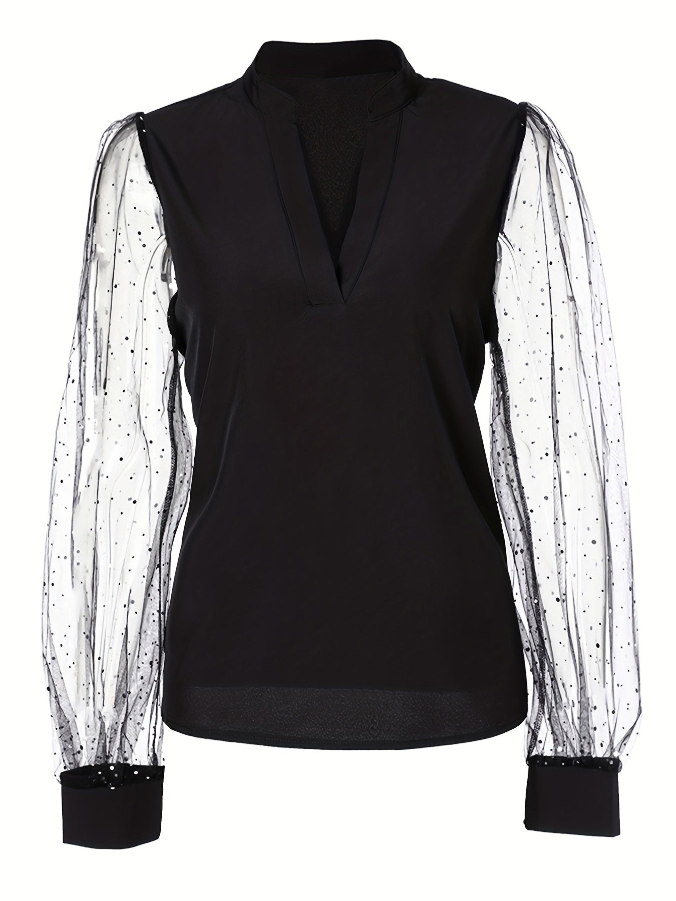gbolsos Solid Sheer Sleeve Blouse, Elegant V Neck Blouse For Spring & Fall, Women's Clothing