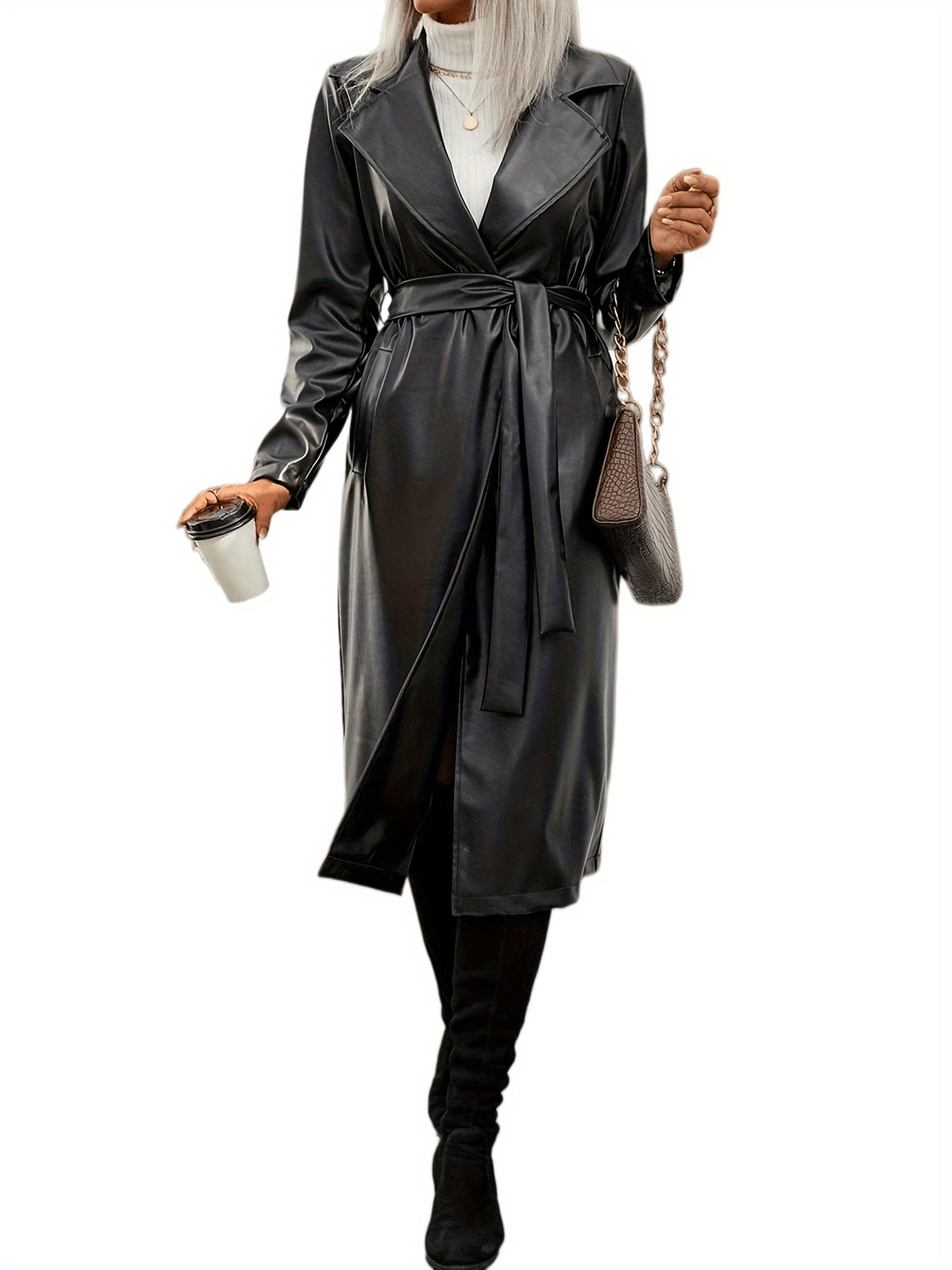 gbolsos Open Front Faux Leather Overcoat, Vintage Belted Open Front Lapel Solid Outwear, Women's Clothing
