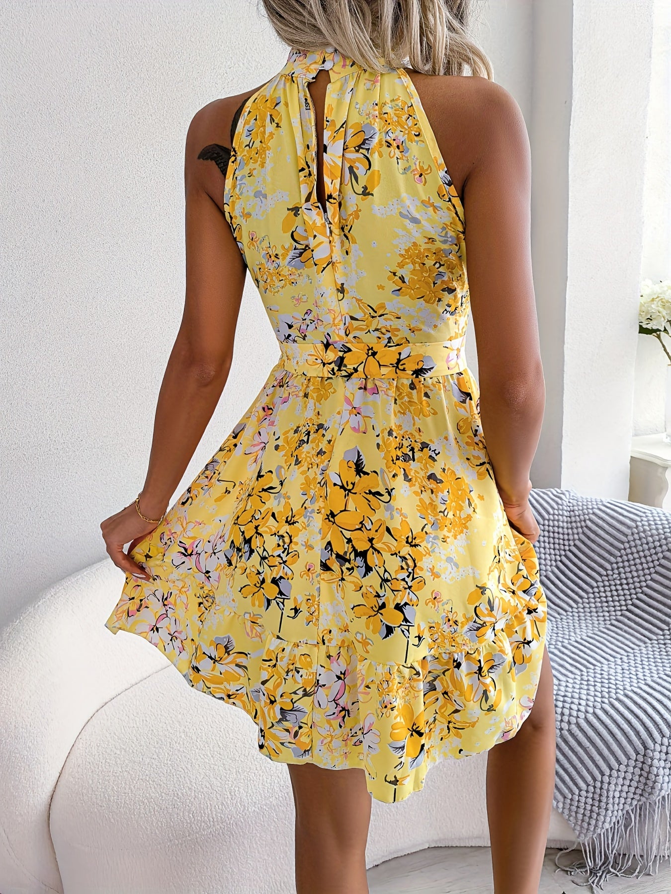 gbolsos Floral Print Belted Halter Dress, Ruffle Hem Sleeveless Casual Dress, Women's Clothing